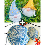 A collage showing two decorative gnome figurines resting in green grass at the top, and two blue-and-white patterned dish-like pieces at the bottom, separated by a white plus sign. The top gnomes have gold-dotted blue hats and white beards, while the bottom pieces have blue floral scrollwork on a white base with gold edging.